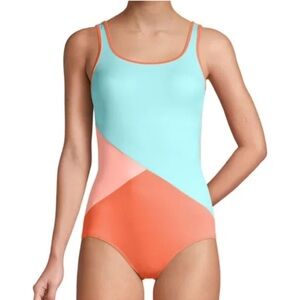 NWT Lands' End Vibrant Peach and Blue One-Piece Swimsuit